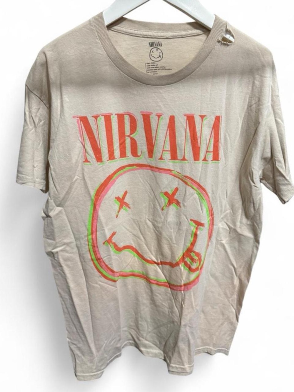 NIRVANA Cream Tee with Neon Pink & Neon Green Smiley